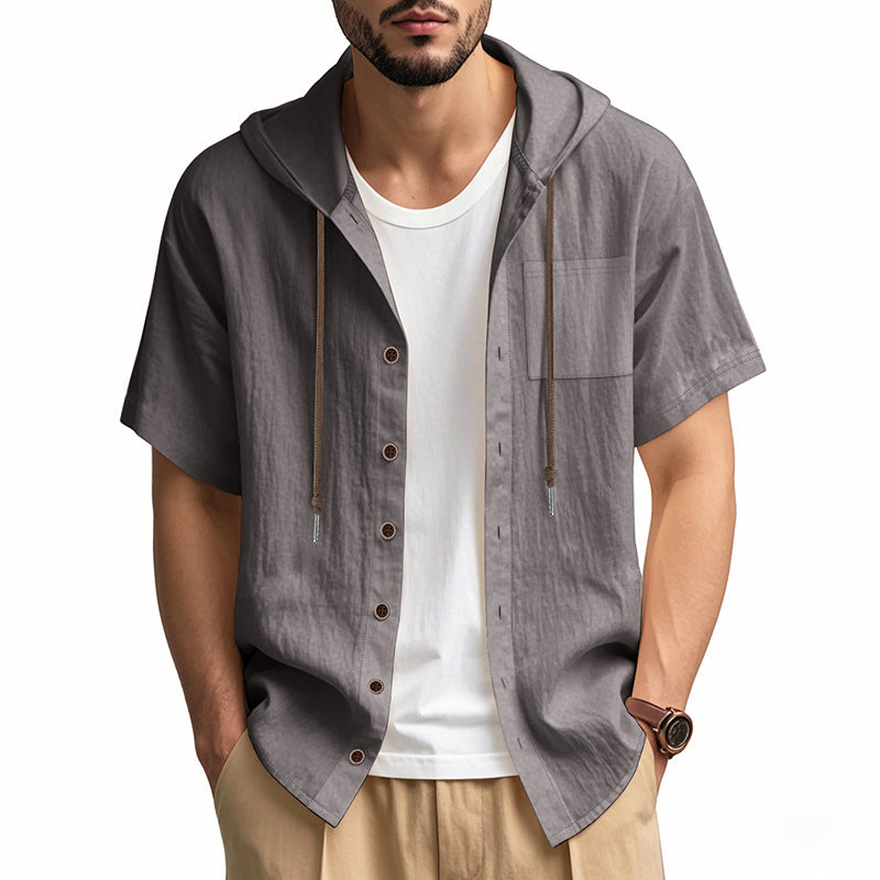 Men’s Hooded Shirt – Linen Blend – Relaxed Fit – Short Sleeve – Button-Up Casual