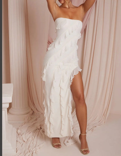 Women’s Strapless Gown – Slim Fit – Ruffle Detail – Asymmetrical Hem – Full Length