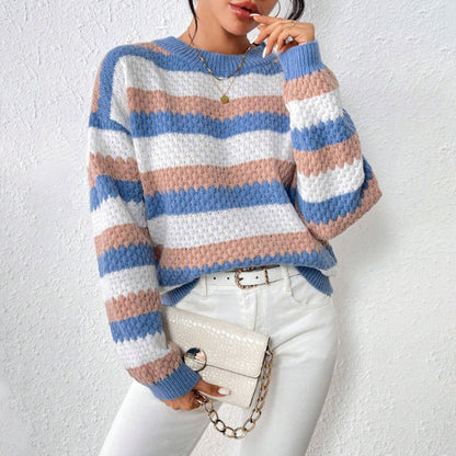 Women’s Sweater – Relaxed Fit – Striped Crew Neck Casual Pullover