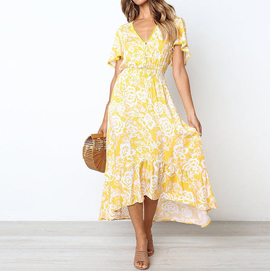 Women’s Maxi Dress – Floral Print – Breathable Blend – A-Line Fit – Ruffled Hem – V-Neck – Short Sleeve