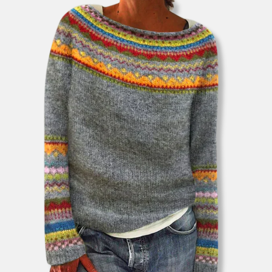 Isla Relaxed Fit Sweater | Fair Isle Yoke Round Neck Sweater