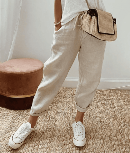 Women’s Trousers – Relaxed Fit – Abstract Print – Breathable Blend – Drawstring Waist