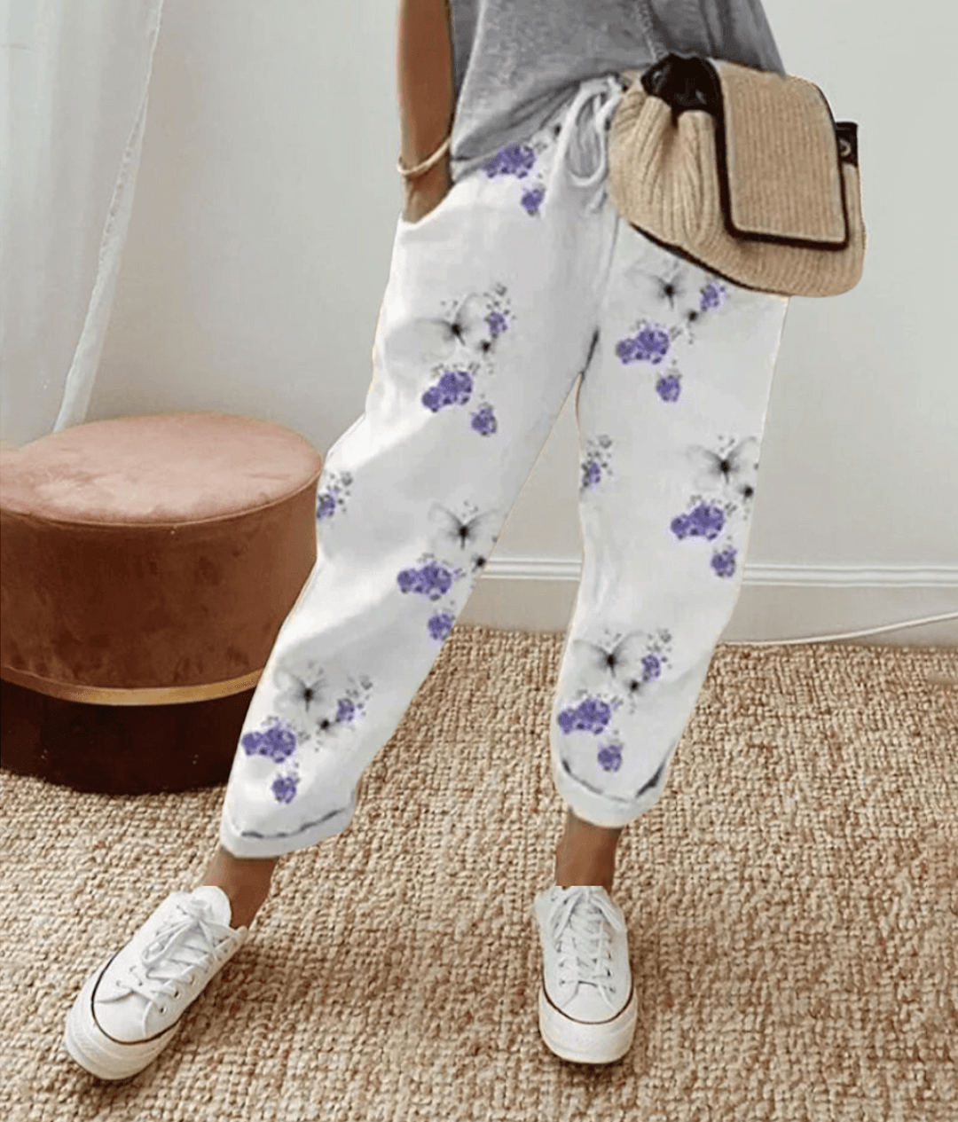 Women’s Trousers – Relaxed Fit – Abstract Print – Breathable Blend – Drawstring Waist