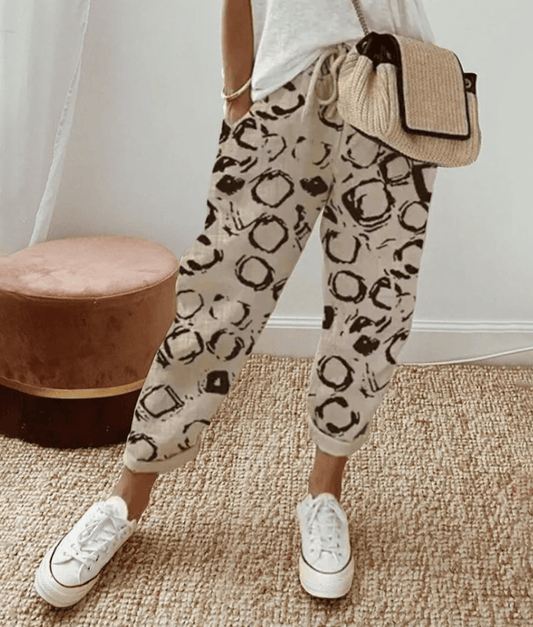 Women’s Trousers – Relaxed Fit – Abstract Print – Breathable Blend – Drawstring Waist