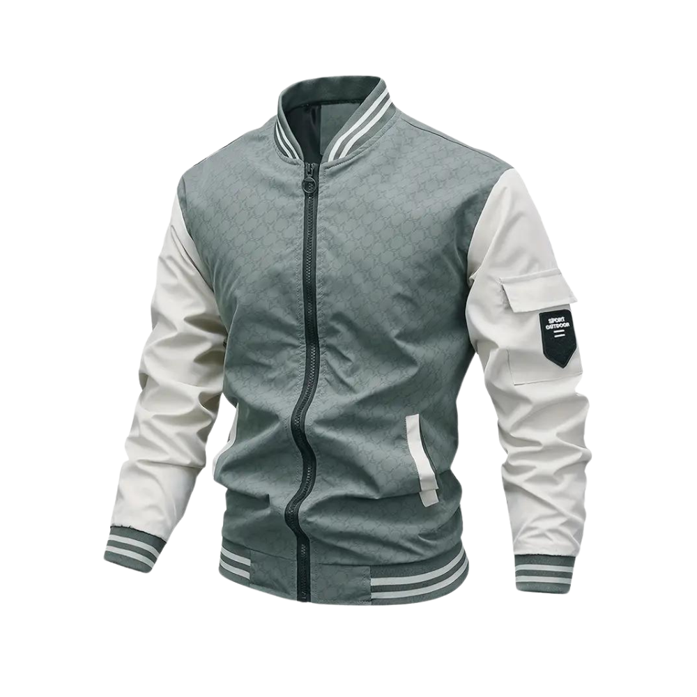 Men’s Bomber Jacket – Regular Fit – Striped Ribbed Trim – Zipper Front – Utility Pocket