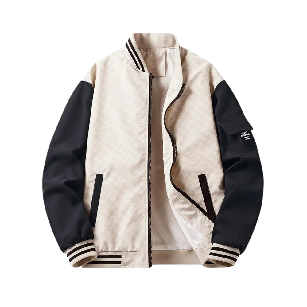 Men’s Bomber Jacket – Regular Fit – Striped Ribbed Trim – Zipper Front – Utility Pocket