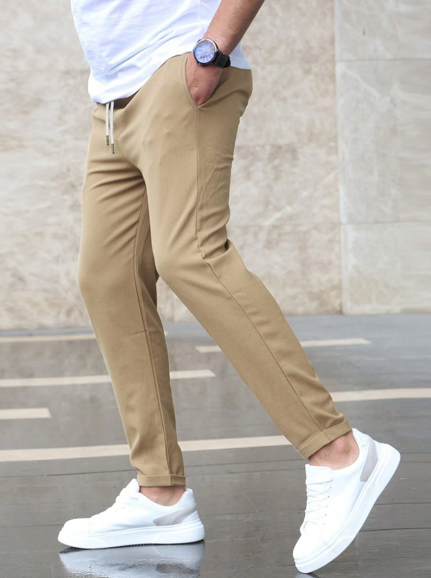 Men’s Slim Fit Pants – Cotton Blend – Elastic Waist – Drawstring – Full Length