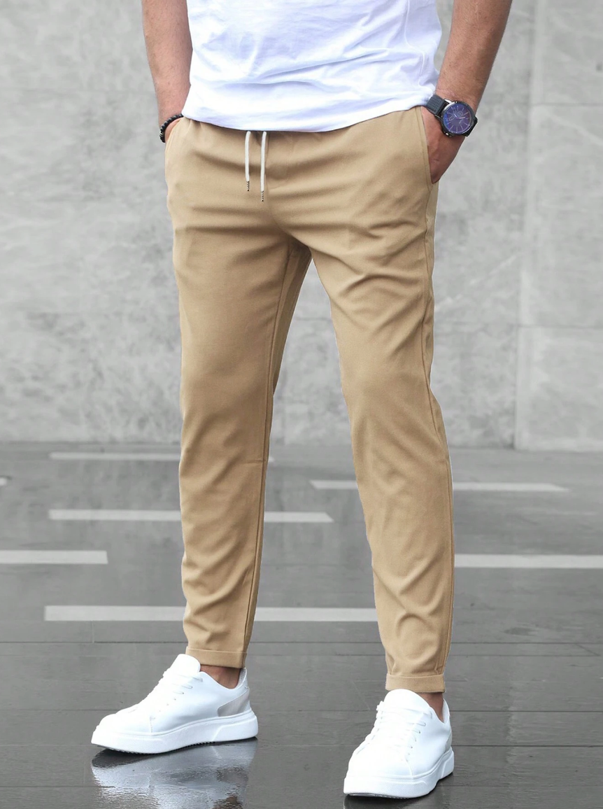 Men’s Slim Fit Pants – Cotton Blend – Elastic Waist – Drawstring – Full Length