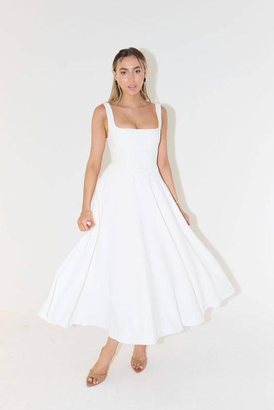 Women’s Midi Dress – Satin Finish – Fitted Bodice – Square Neck – A-Line Fit