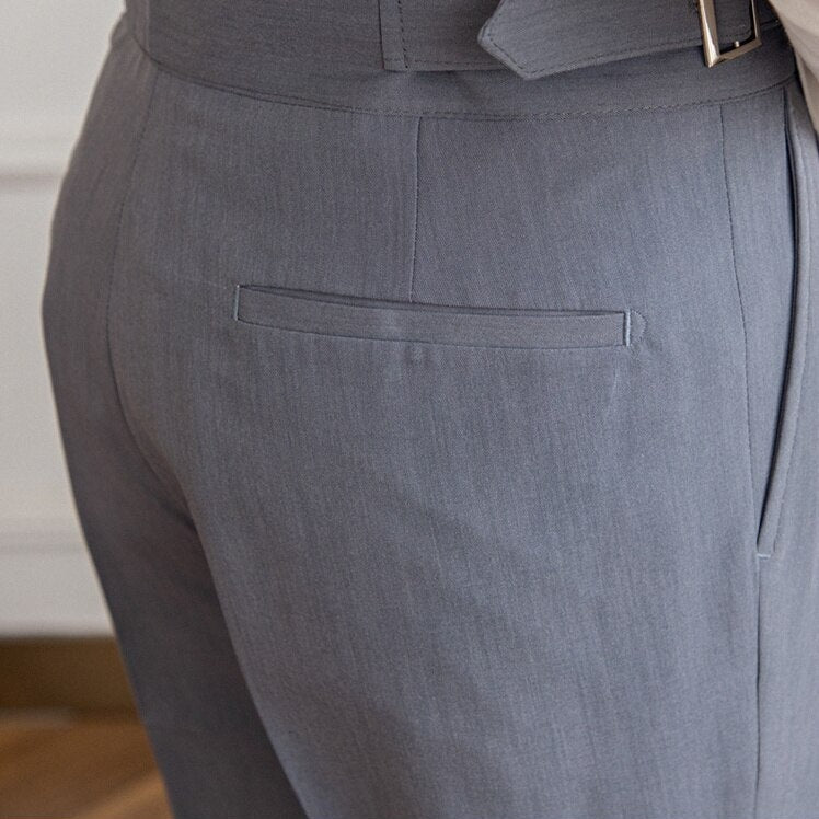 Men’s High-Waisted Trousers – Tailored Fit – Pleated Front – Adjustable Side Buckle