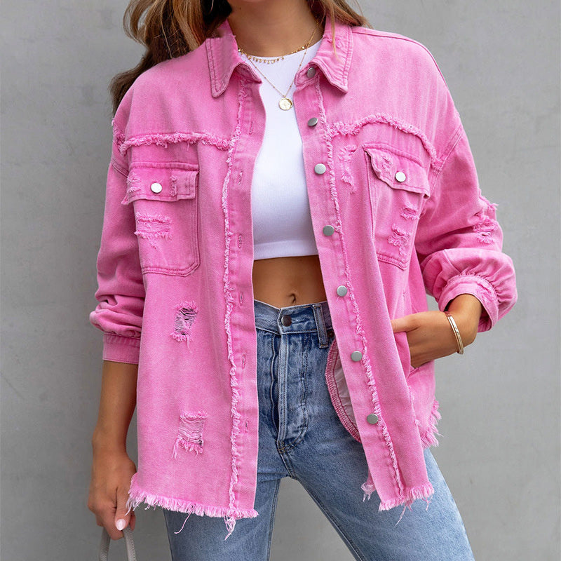 Women’s Denim Jacket – Relaxed Oversized Fit – Distressed Look – Button Front Closure