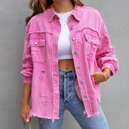 Women’s Denim Jacket – Relaxed Oversized Fit – Distressed Look – Button Front Closure