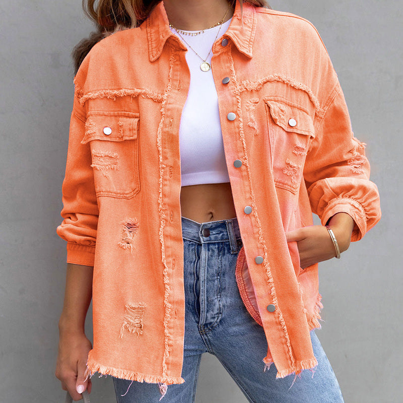 Women’s Denim Jacket – Relaxed Oversized Fit – Distressed Look – Button Front Closure