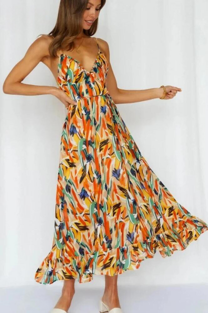 Women's Maxi Dress - Flowy Sleeveless Fit - Spaghetti Straps - Ruffled Hem