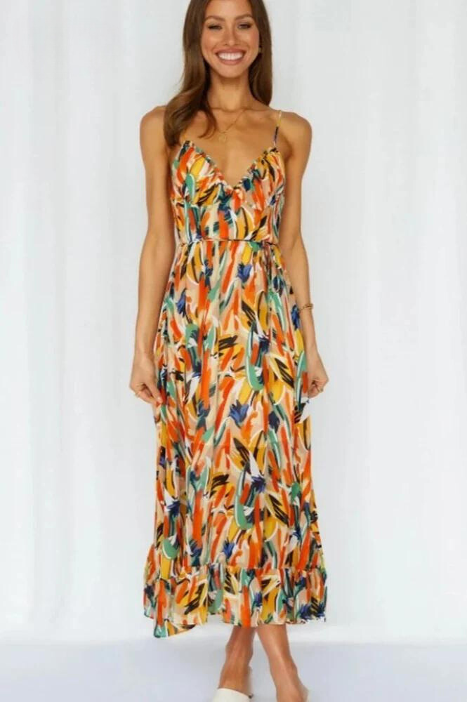 Women's Maxi Dress - Flowy Sleeveless Fit - Spaghetti Straps - Ruffled Hem