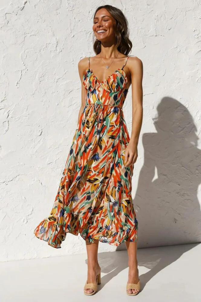 Women's Maxi Dress - Flowy Sleeveless Fit - Spaghetti Straps - Ruffled Hem