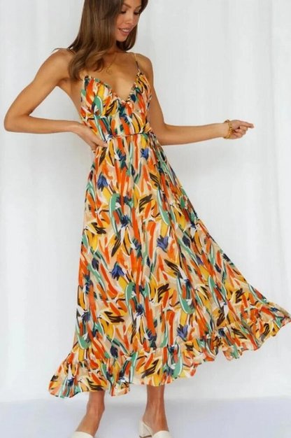 Women's Maxi Dress - Flowy Sleeveless Fit - Spaghetti Straps - Ruffled Hem