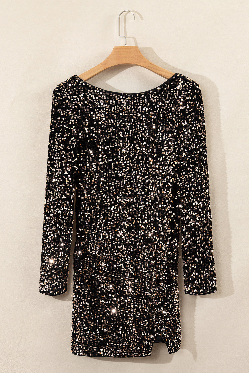 Women's Sequin Mini Dress - Bodycon Fit - High Neck - Long Sleeve - Party Wear