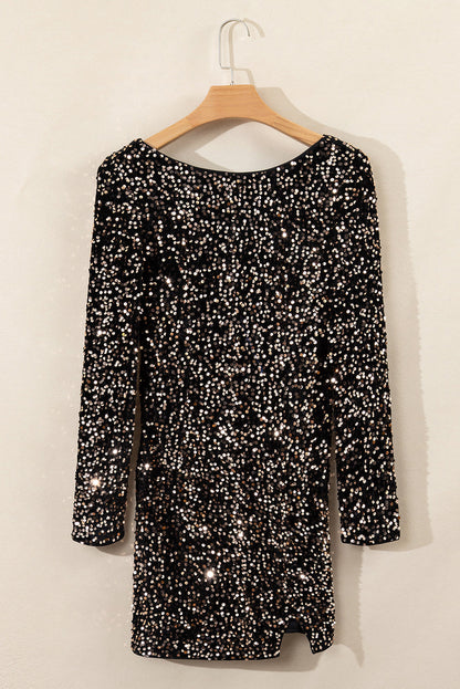 Women's Sequin Mini Dress - Bodycon Fit - High Neck - Long Sleeve - Party Wear