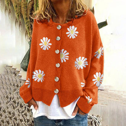 Women’s Cardigan – Oversized Fit – Soft Knit – Daisy Print – Ribbed Trim – Button Front