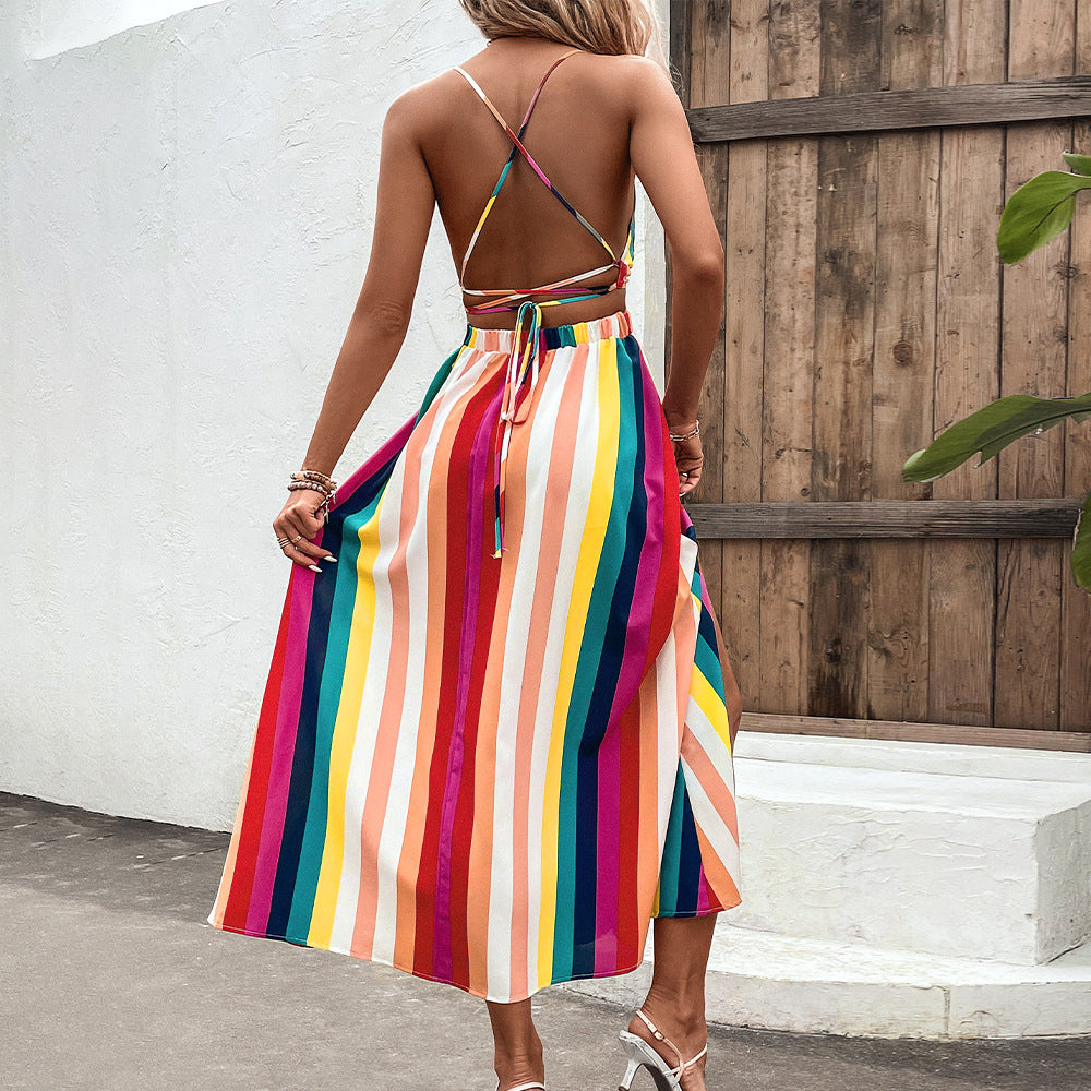 Women's Maxi Dress - Plunging V-Neck - Spaghetti Straps - High Slit - Flowy A-Line Fit