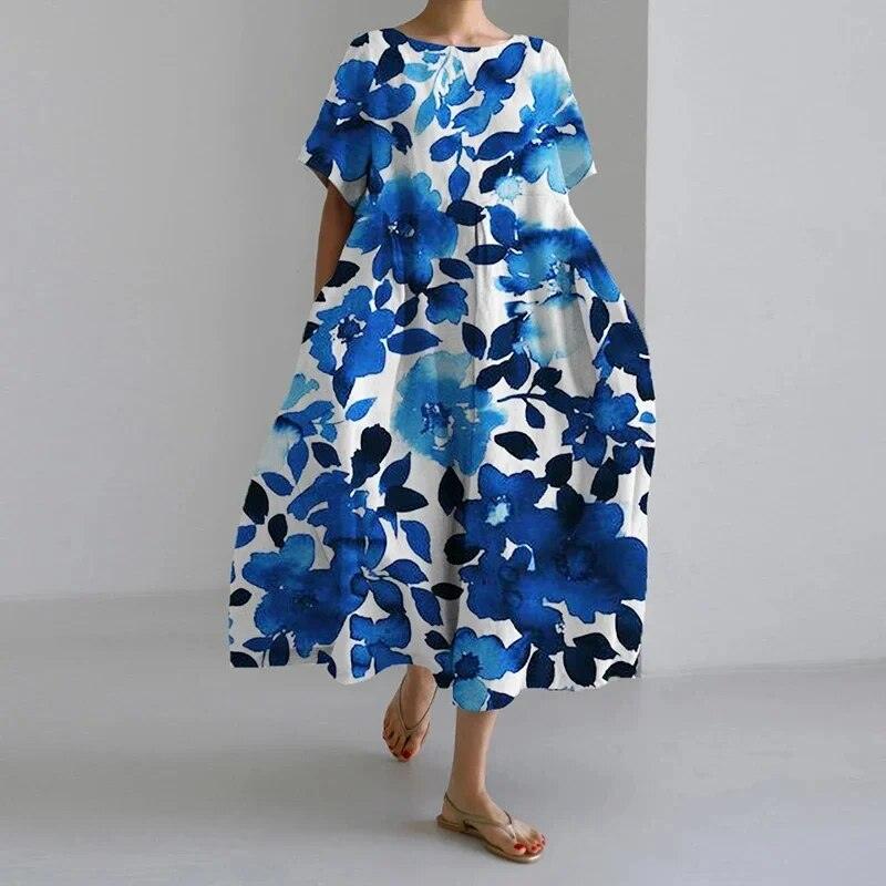 Women's Midi Dress - Loose Fit A-Line - Short Sleeve Round Neck - Floral Print