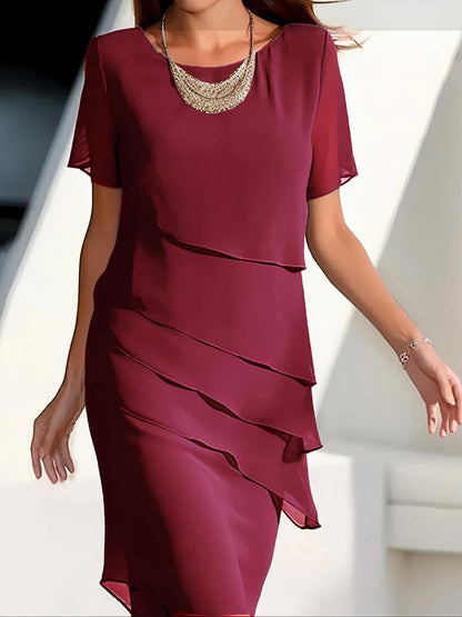 Women's Midi Dress - Layered Asymmetrical Tiers - Short Sleeve Flowing Elegant Fit