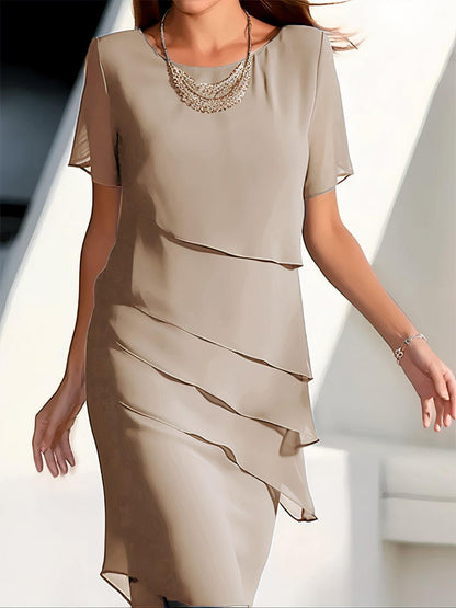 Women's Midi Dress - Layered Asymmetrical Tiers - Short Sleeve Flowing Elegant Fit