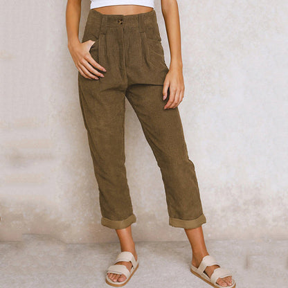 Women’s Tapered Pants – High Waist – Relaxed Fit – Ribbed Texture – Pleated Front