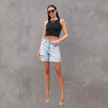 Women’s Denim Shorts – Relaxed Fit – Distressed – Side Slits – Knee Length Casual Wear
