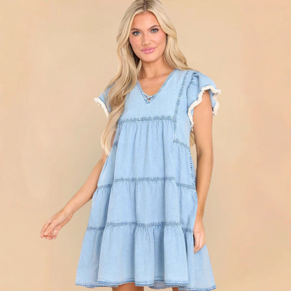Women’s Denim Dress – A-Line Mini – Relaxed Fit – Short Sleeve Ruffle Detail