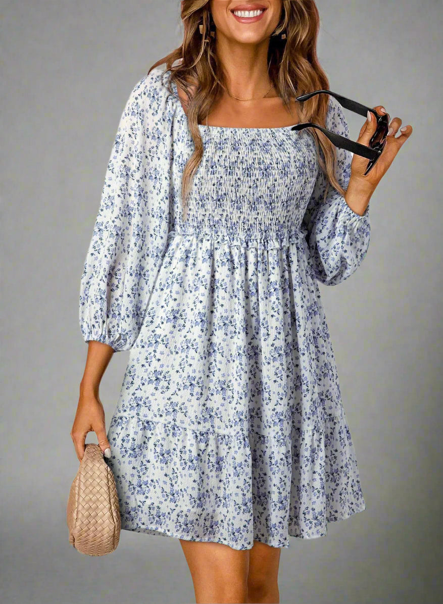 Women’s A-Line Dress – Shirred Bodice – Puff Sleeve – U-Neck – Lightweight Fit