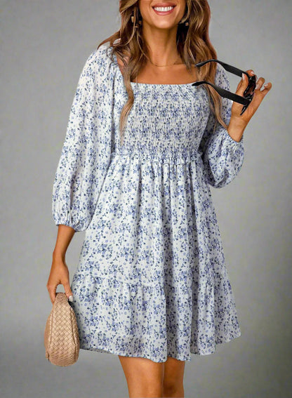 Women’s A-Line Dress – Shirred Bodice – Puff Sleeve – U-Neck – Lightweight Fit