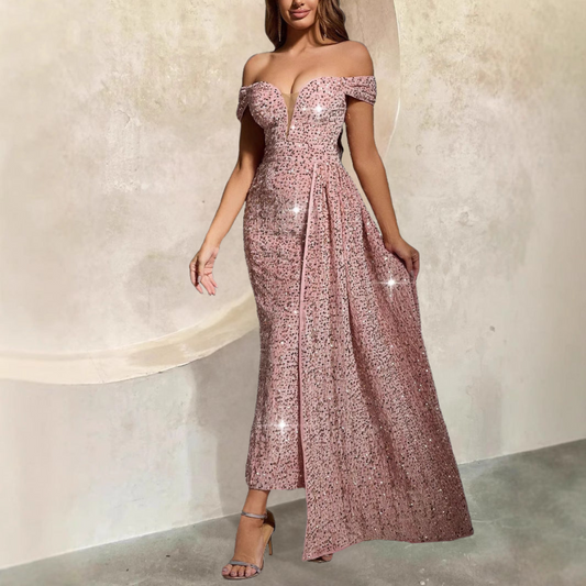Women’s Evening Gown – Off-Shoulder – Fitted Sequin – Sleeveless Full Length Dress