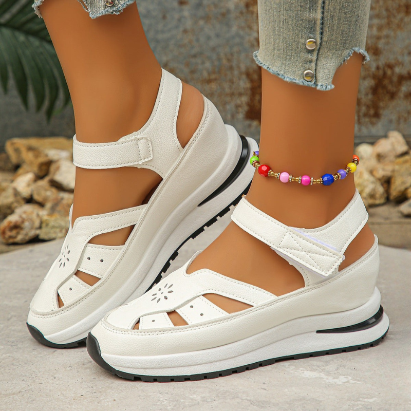 Women’s Sandals – Faux Leather – Cut-Out Roman Style – Velcro Strap – Platform Sole