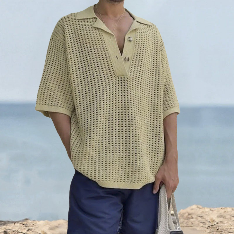 Men’s Knit Sweater – Open Knit – Oversized Fit – Notched Lapel – Short Sleeve