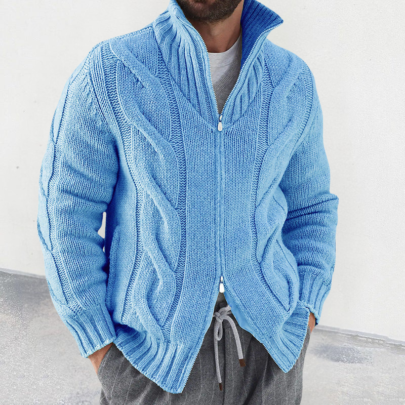 Men’s Knit Cardigan – Wool Blend – Relaxed Fit – High Neck – Cable Sleeve – Zip Front