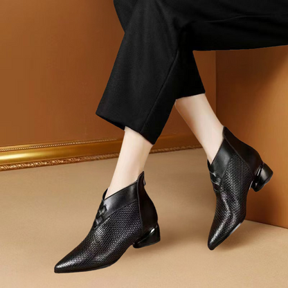 Women’s Ankle Boots – Pointed Toe – Low Block Heel – Textured Side Panels