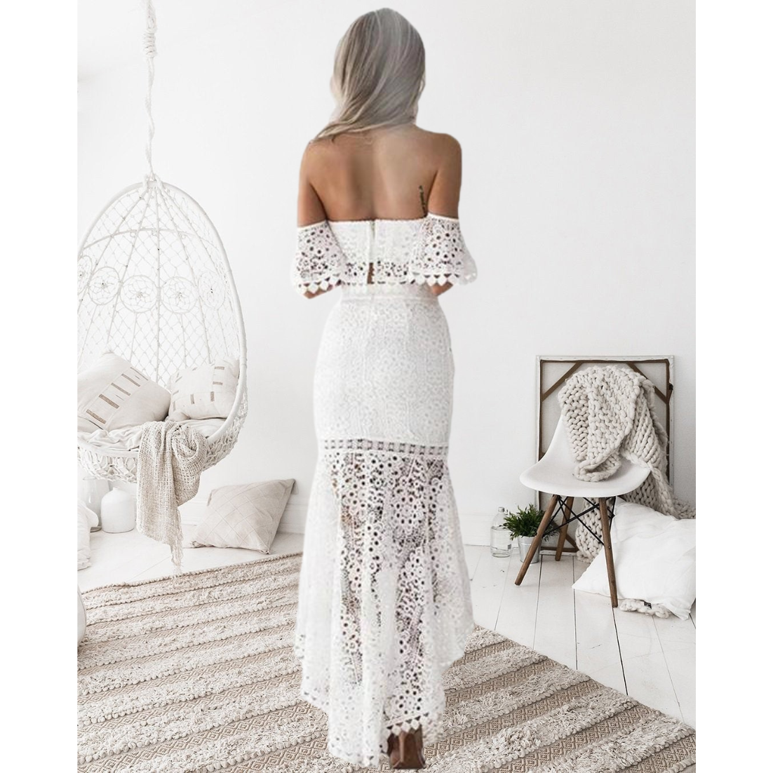 Women’s Two-Piece Set – Lace Off-Shoulder Bustier Top – High Waist Midi Pencil Skirt