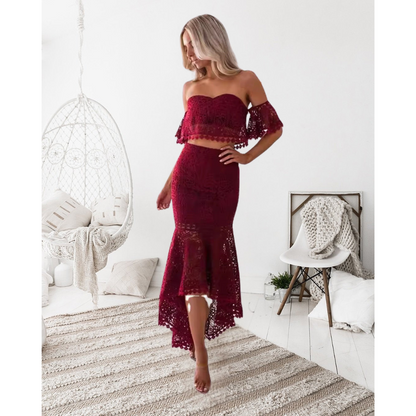 Women’s Two-Piece Set – Lace Off-Shoulder Bustier Top – High Waist Midi Pencil Skirt