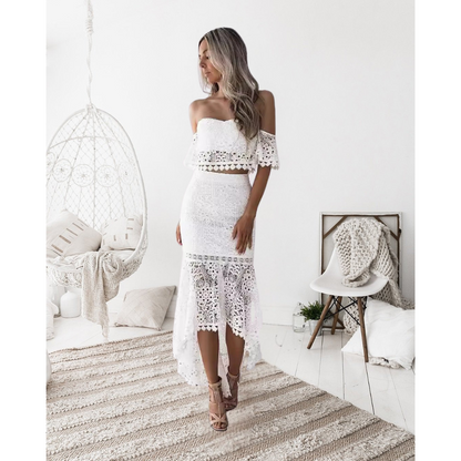 Women’s Two-Piece Set – Lace Off-Shoulder Bustier Top – High Waist Midi Pencil Skirt