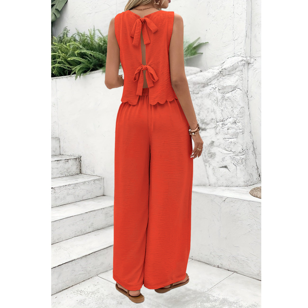 Women’s Top and Pants Set – Lightweight Woven Fabric – Relaxed Fit – Cropped Top