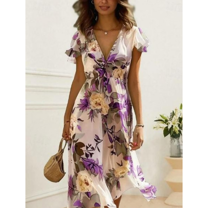 Women’s Midi Dress – Lightweight Chiffon – V-Neck – Ruffled Sleeves – Floral Print