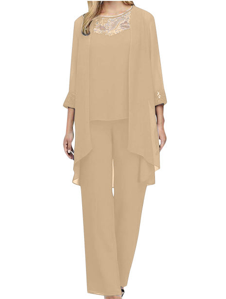 Women’s Three-Piece Set – Relaxed Fit – Wide-Leg Pants – Lace Detail – Lightweight