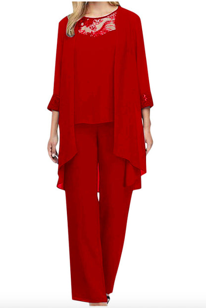 Women’s Three-Piece Set – Relaxed Fit – Wide-Leg Pants – Lace Detail – Lightweight