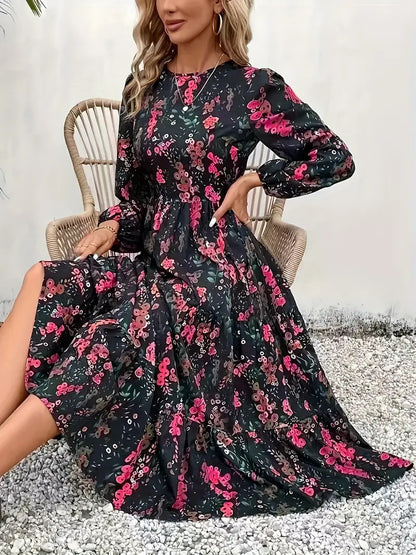 Women’s Long Sleeve Dress – Floral Print – Relaxed Fit – Cotton Blend – Midi Length