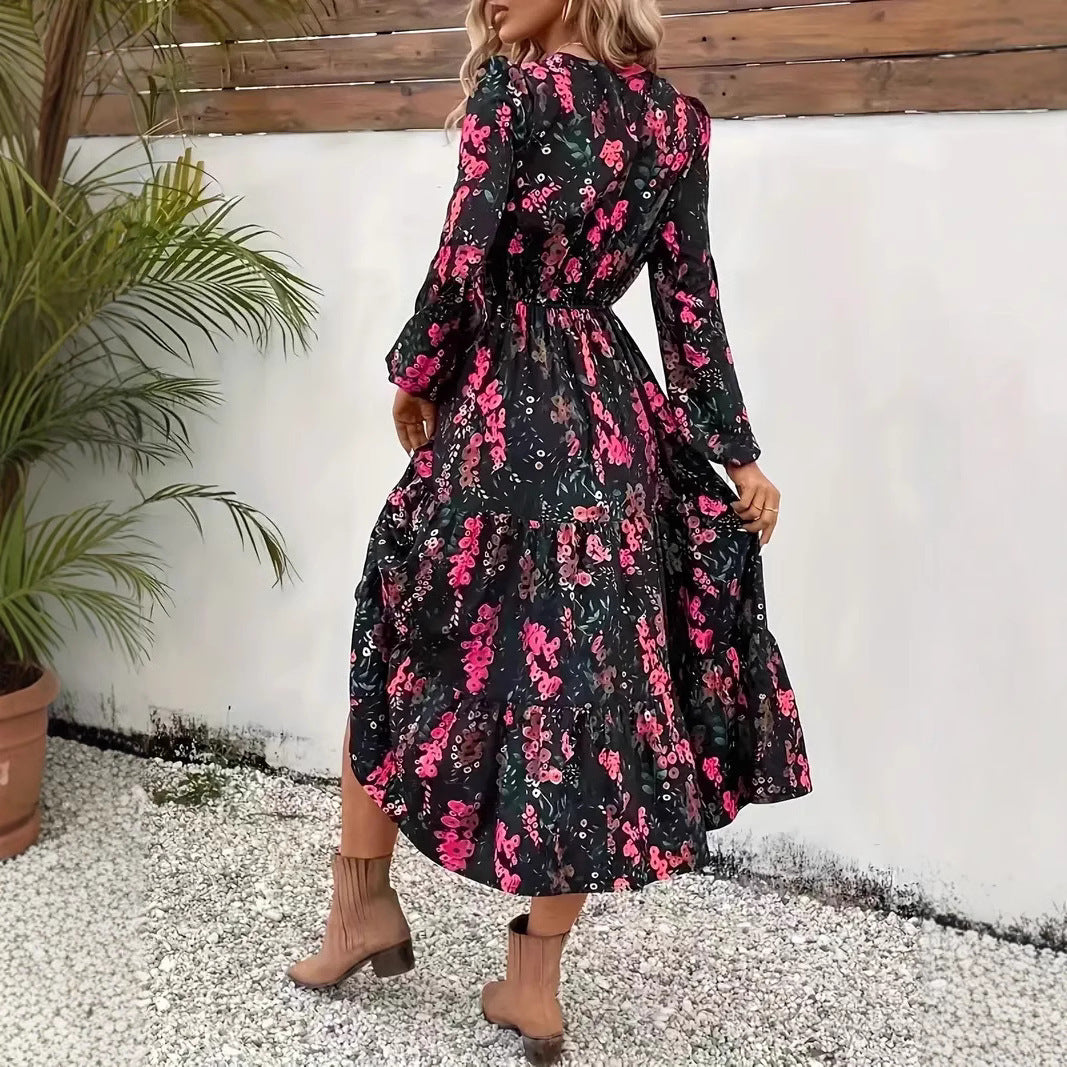 Women’s Long Sleeve Dress – Floral Print – Relaxed Fit – Cotton Blend – Midi Length