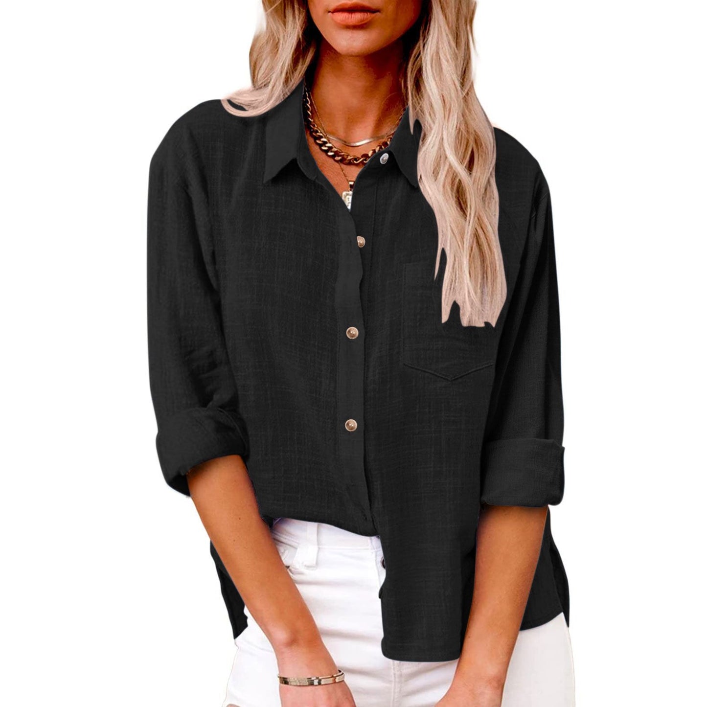 Women’s Long Sleeve Shirt – Relaxed Fit – Cotton Blend – Classic Collar – Casual Style