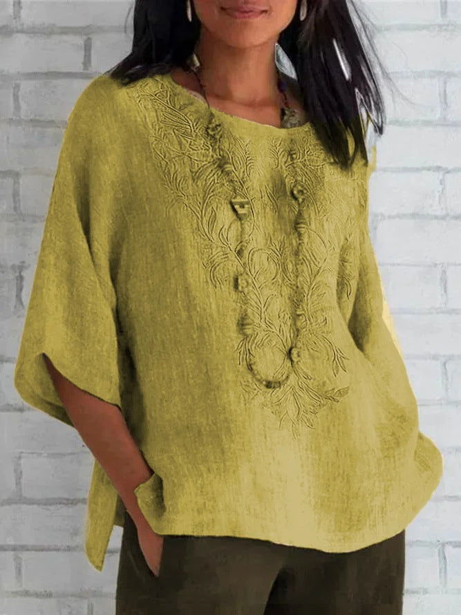 Women’s Blouse – Relaxed Fit – Embroidered Front – Natural Fibers – Short Sleeve