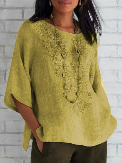 Women’s Blouse – Relaxed Fit – Embroidered Front – Natural Fibers – Short Sleeve